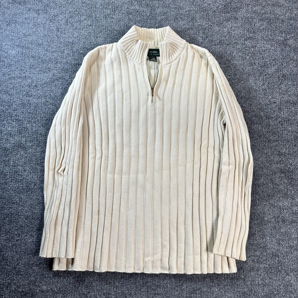 Lauren Ralph Lauren Sweater Womens L White Mock Neck 1/4 Zip Knit Pullover
